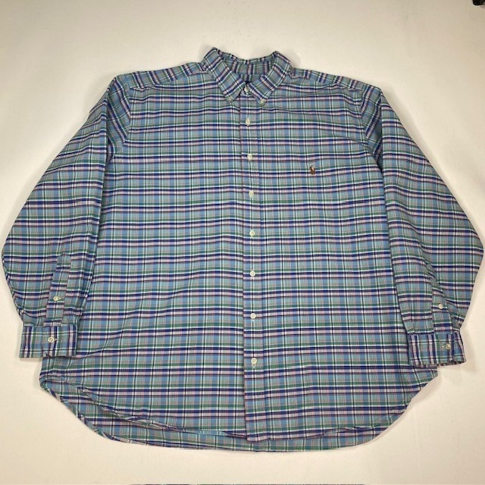 Ralph Lauren Mens 2XB Blue Green Plaid Long Sleeve Button Down Shirt Pony Logo